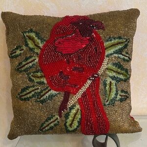Fully Hand Beaded Cardinal Accent Pillow